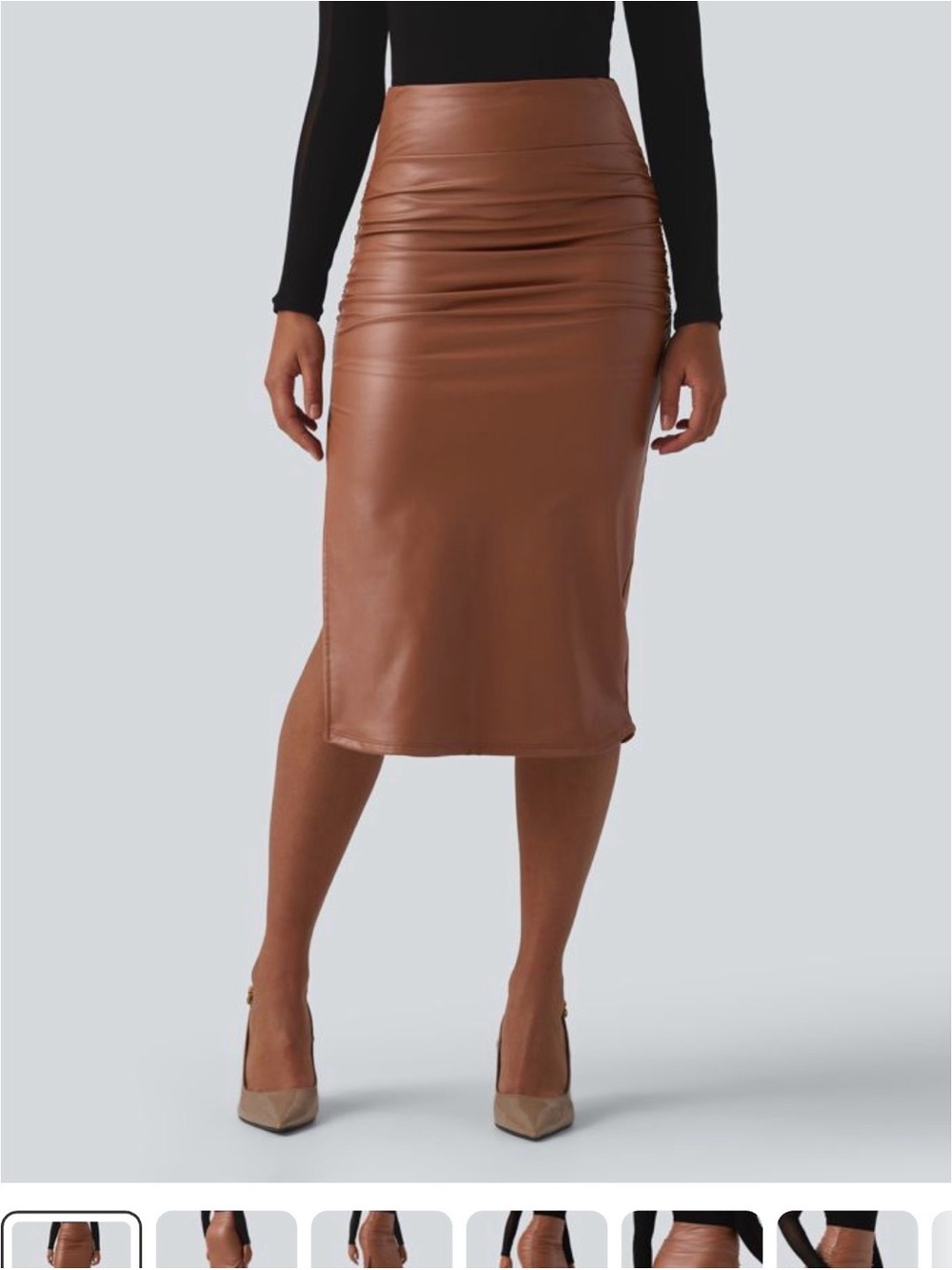 HALARA Brown Faux Leather Midi Skirt